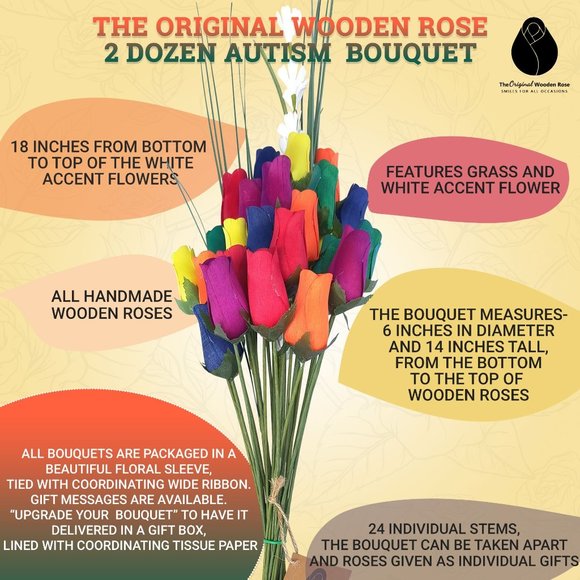 2 Doz Autism Aware Rainbow Wooden Roses Flower Bouquet. The Original Wooden Rose - Picture 3 of 8